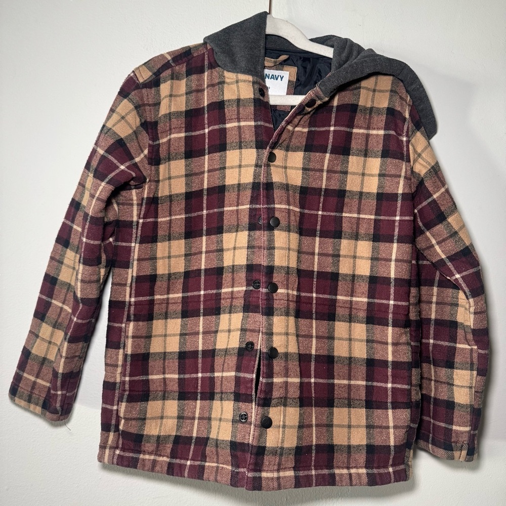 Old Navy Kids Flannel Jacket with Hood Red Tan Plaid Size M 8‎
